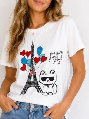 067.NEW Karl Lagerfeld  Cat Graphic Tee with Red & Blue Accents